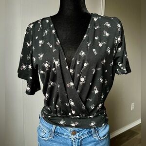 Chic Black Floral Wrap Blouse
